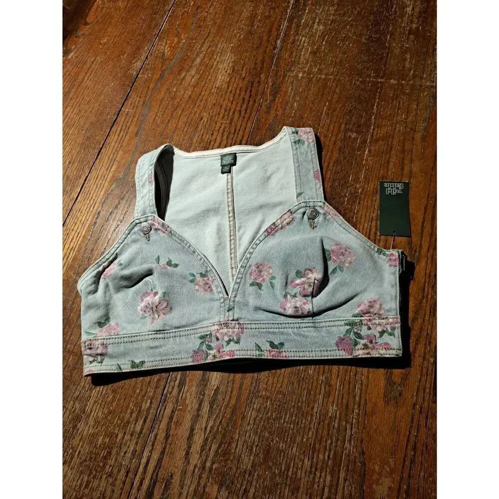 New Small Wild Fable Denim Jean Sleeveless Side Zip Suspender Button Crop Top
